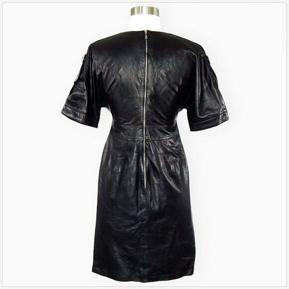 Hugo Boss 100% Leather Lambskin Black Empire Waist Buckles Pockets Dress XS - Picture 5 of 8